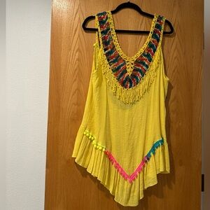 Yellow Cover Up with Multicolor Fringe